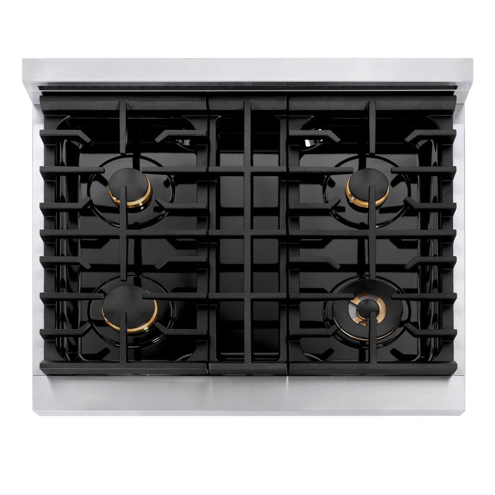 ZLINE Autograph Edition Paramount 30-inch range in stainless steel with white matte door and champagne bronze accents SGRZ-WM-30-CB, from above