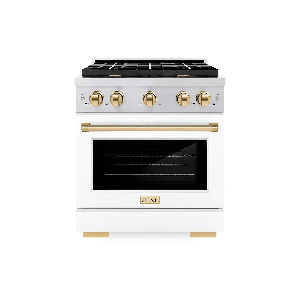 ZLINE Autograph Edition Paramount 30-inch range in stainless steel with white matte door and polished gold accents SGRZ-WM-30-G, front view