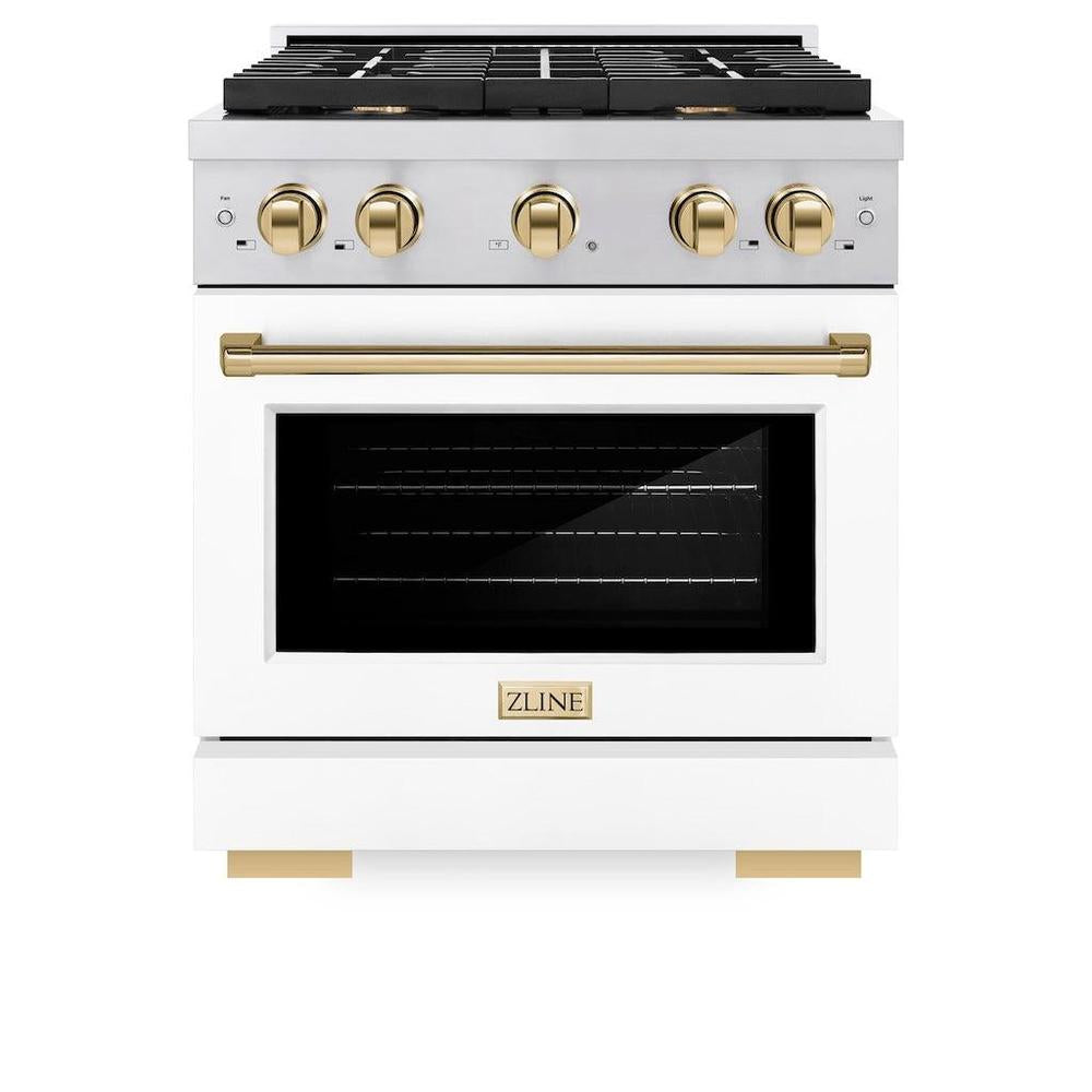 ZLINE Autograph Edition Paramount 30-inch range in stainless steel with white matte door and polished gold accents SGRZ-WM-30-G, front view