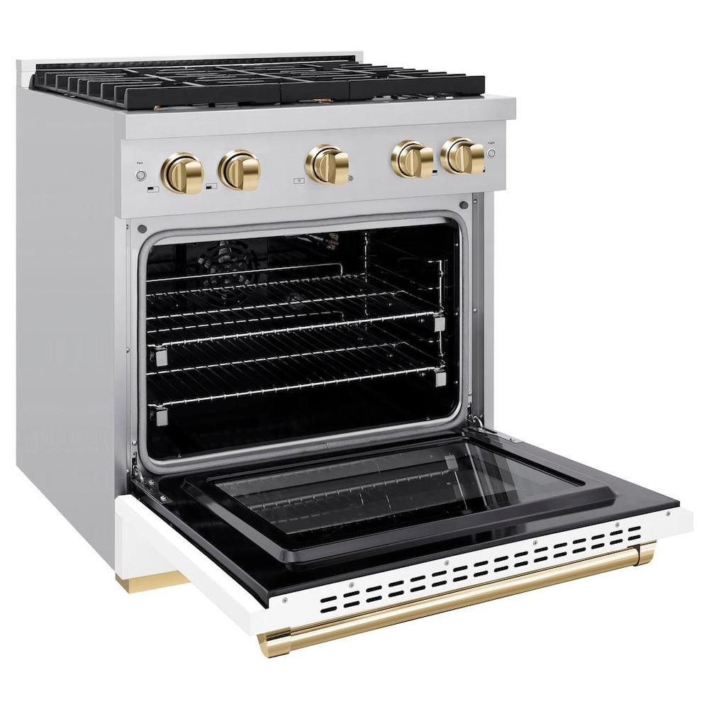 ZLINE Autograph Edition Paramount 30-inch range in stainless steel with white matte door and polished gold accents SGRZ-WM-30-G, door open