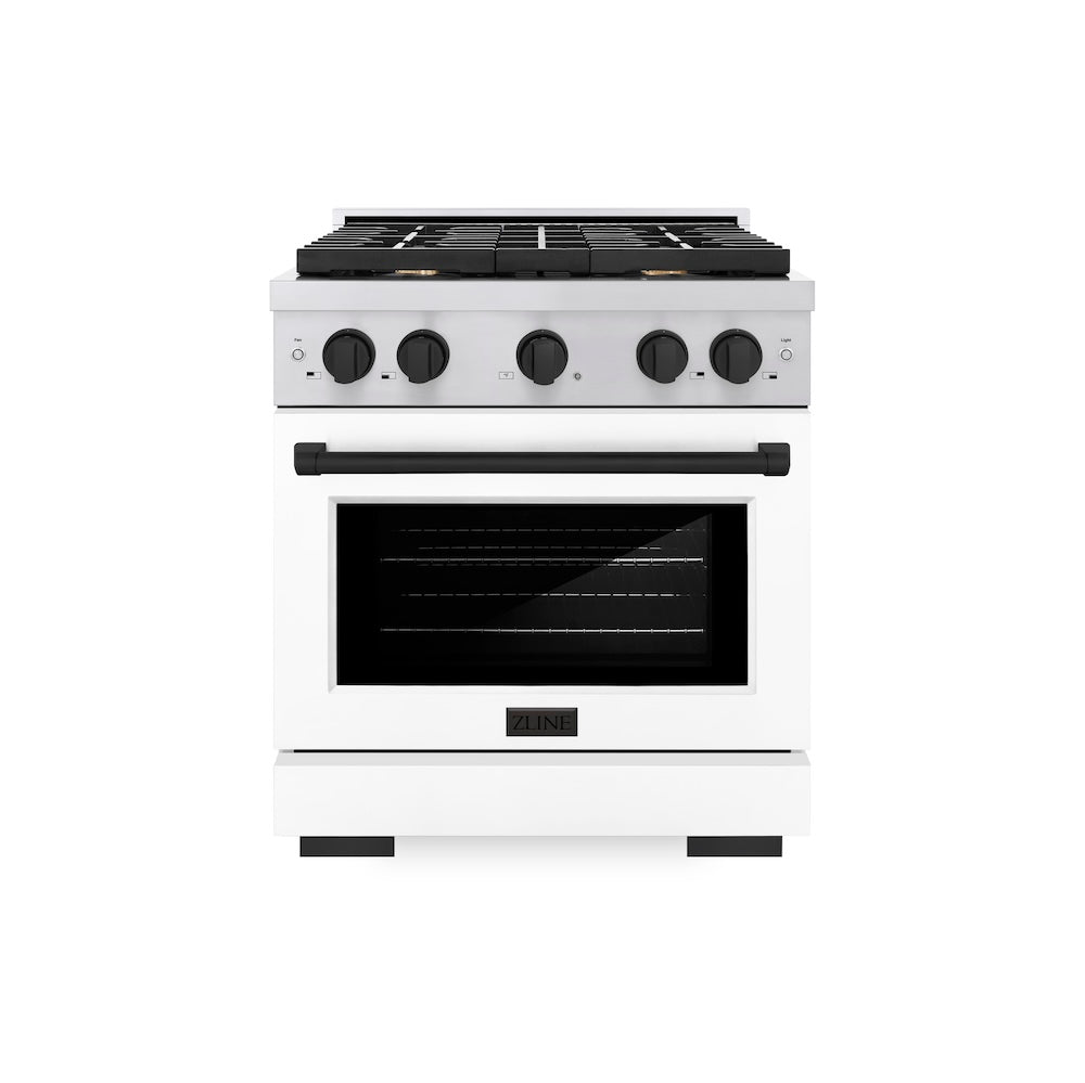 ZLINE Autograph Edition Paramount 30-inch range in stainless steel with white matte door and matte black accents SGRZ-WM-30-MB, front view
