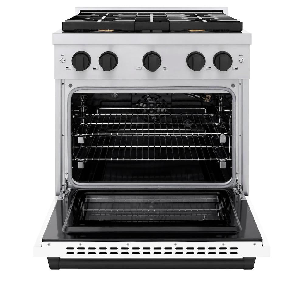 ZLINE Autograph Edition Paramount 30-inch range in stainless steel with white matte door and matte black accents SGRZ-WM-30-MB, front view