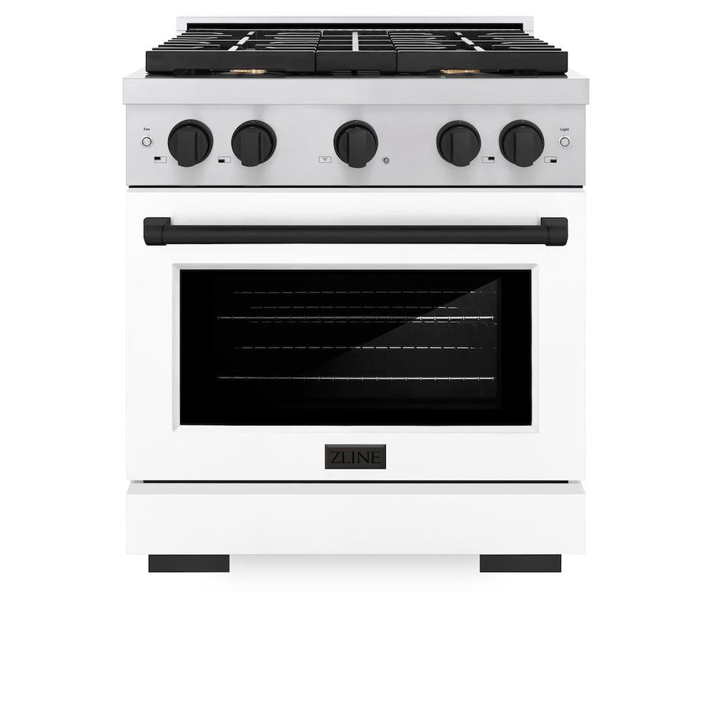 ZLINE Autograph Edition Paramount 30-inch range in stainless steel with white matte door and matte black accents SGRZ-WM-30-MB, front view