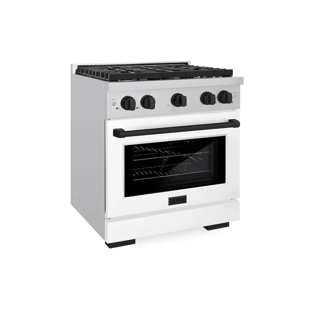 ZLINE Autograph Edition Paramount 30-inch range in stainless steel with white matte door and matte black accents SGRZ-WM-30-MB