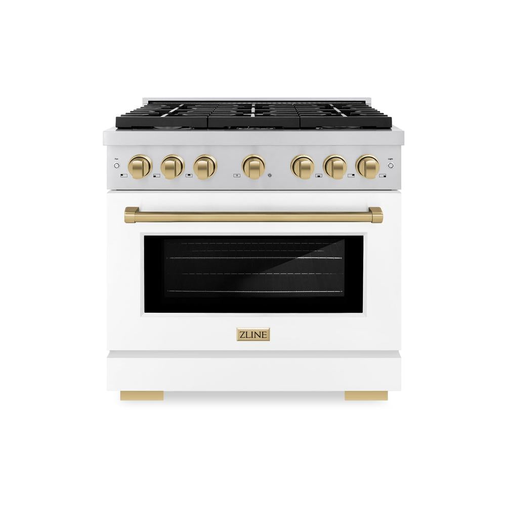 ZLINE Autograph Edition Paramount 36-inch range in stainless steel with white matte door and champagne bronze accents SDRZ-WM-36-CB, front view
