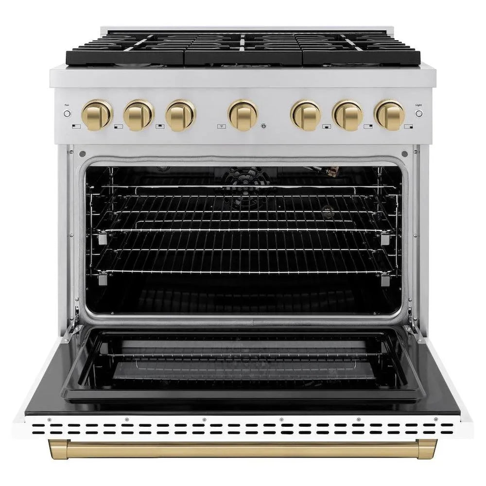 ZLINE Autograph Edition Paramount 36-inch range in stainless steel with white matte door and champagne bronze accents SGRZ-WM-36-CB, front view