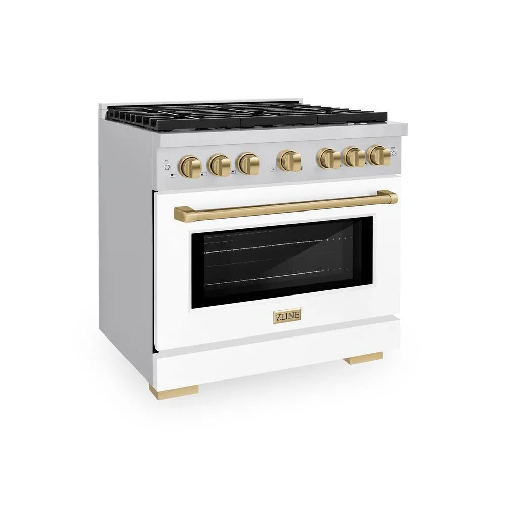 ZLINE Autograph Edition Paramount 36-inch range in stainless steel with white matte door and champagne bronze accents SDRZ-WM-36-CB