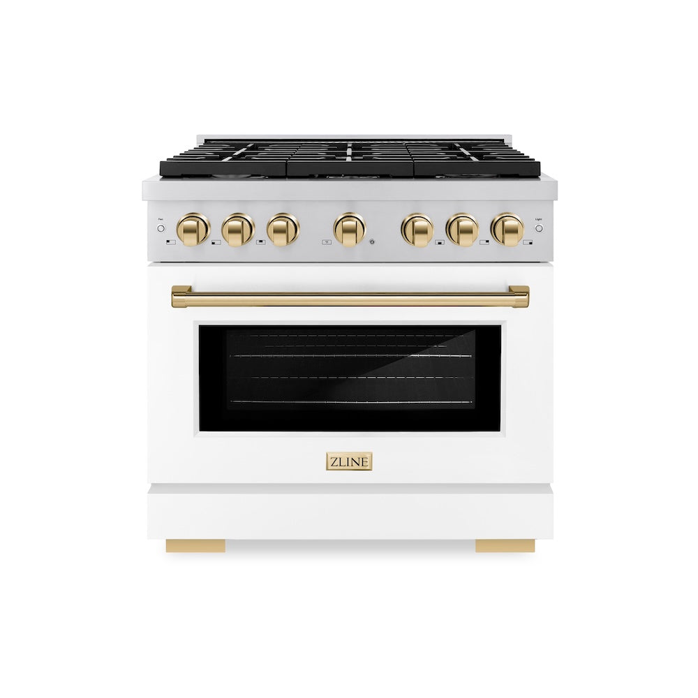 ZLINE Autograph Edition Paramount 36-inch range in stainless steel with white matte door and polished gold accents SGRZ-WM-36-G, front view