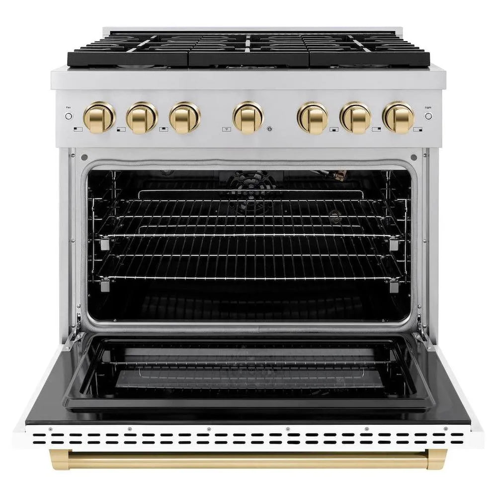 ZLINE Autograph Edition Paramount 36-inch range in stainless steel with white matte door and polished gold accents SGRZ-WM-36-G, front view