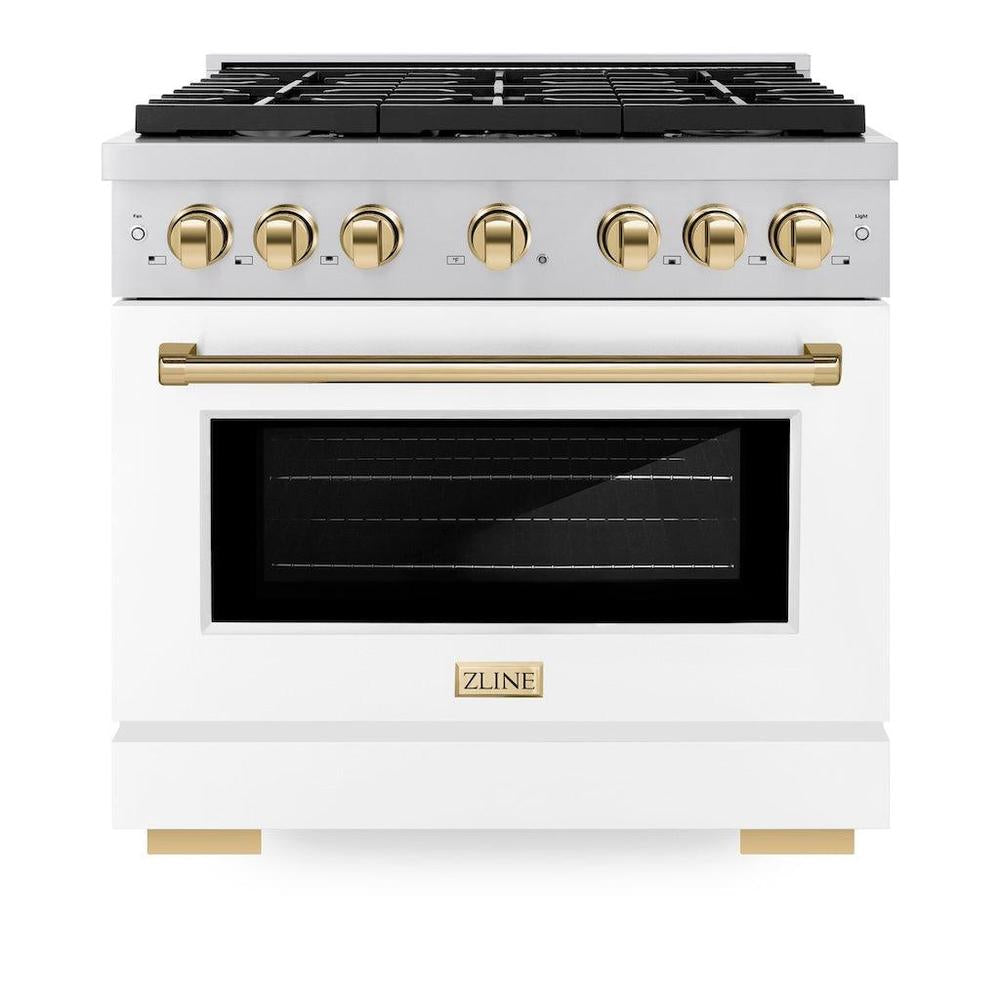 ZLINE Autograph Edition Paramount 36-inch range in stainless steel with white matte door and polished gold accents SGRZ-WM-36-G, front view