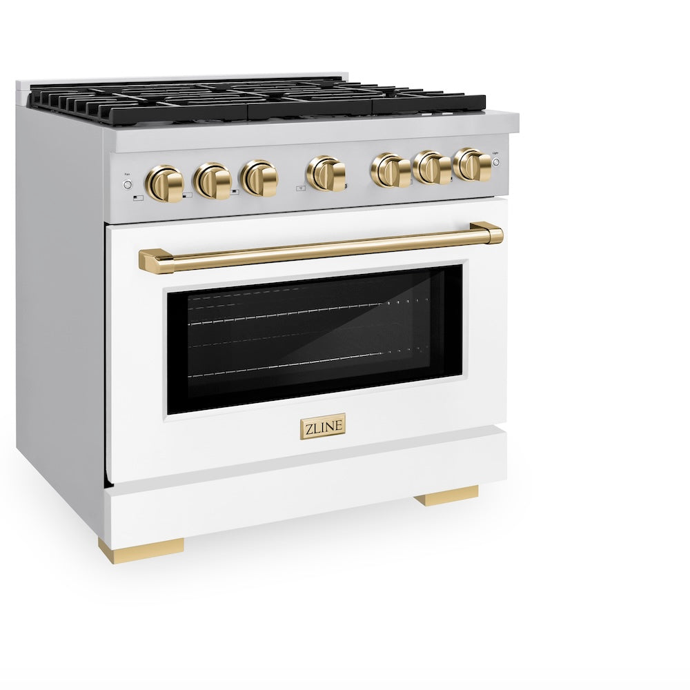ZLINE Autograph Edition Paramount 36-inch range in stainless steel with white matte door and polished gold accents SGRZ-WM-36-G, view 3