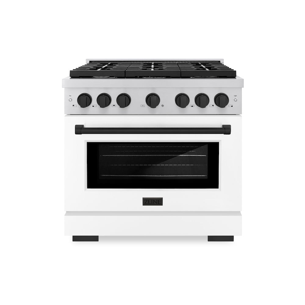 ZLINE Autograph Edition Paramount 36-inch range in stainless steel with white matte door and matte black accents SGRZ-WM-36-MB, front view