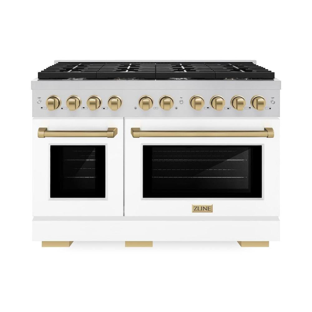 ZLINE Autograph Edition Paramount 48-inch range in stainless steel with white matte door and champagne bronze accents SGRZ-WM-48-CB, front view