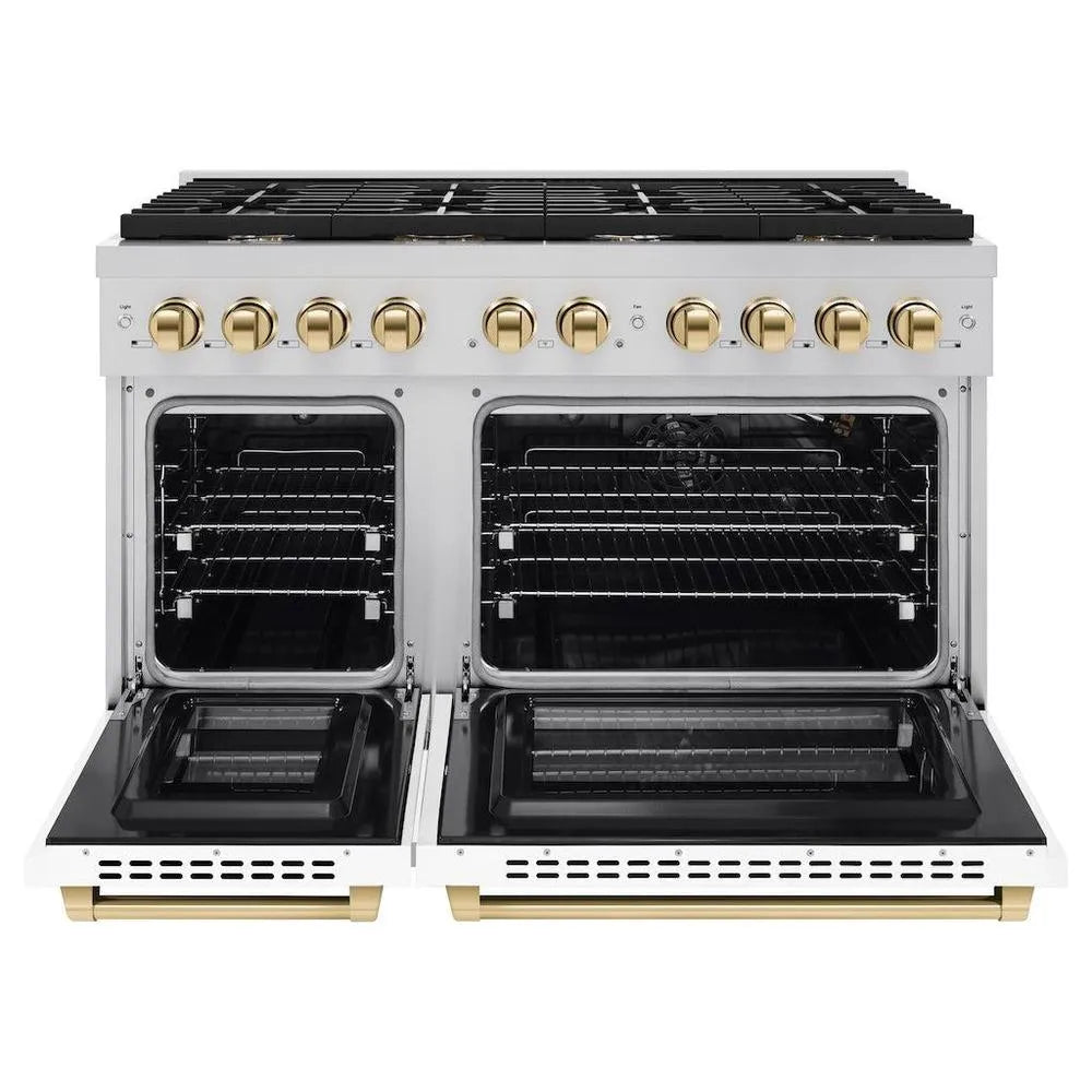 ZLINE Autograph Edition Paramount 48-inch range in stainless steel with white matte door and polished gold accents SGRZ-WM-48-G, front view