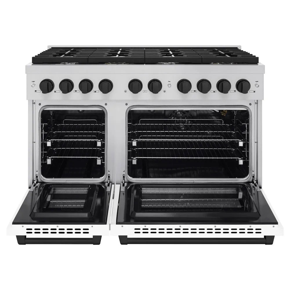 ZLINE Autograph Edition Paramount 48-inch range in stainless steel with white matte door and matte black accents SGRZ-WM-48-MB, front view