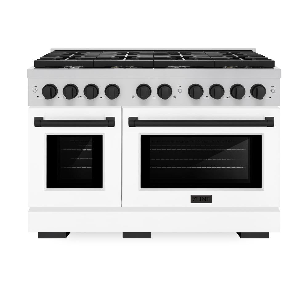 ZLINE Autograph Edition Paramount 48-inch range in stainless steel with white matte door and matte black accents SGRZ-WM-48-MB, front view