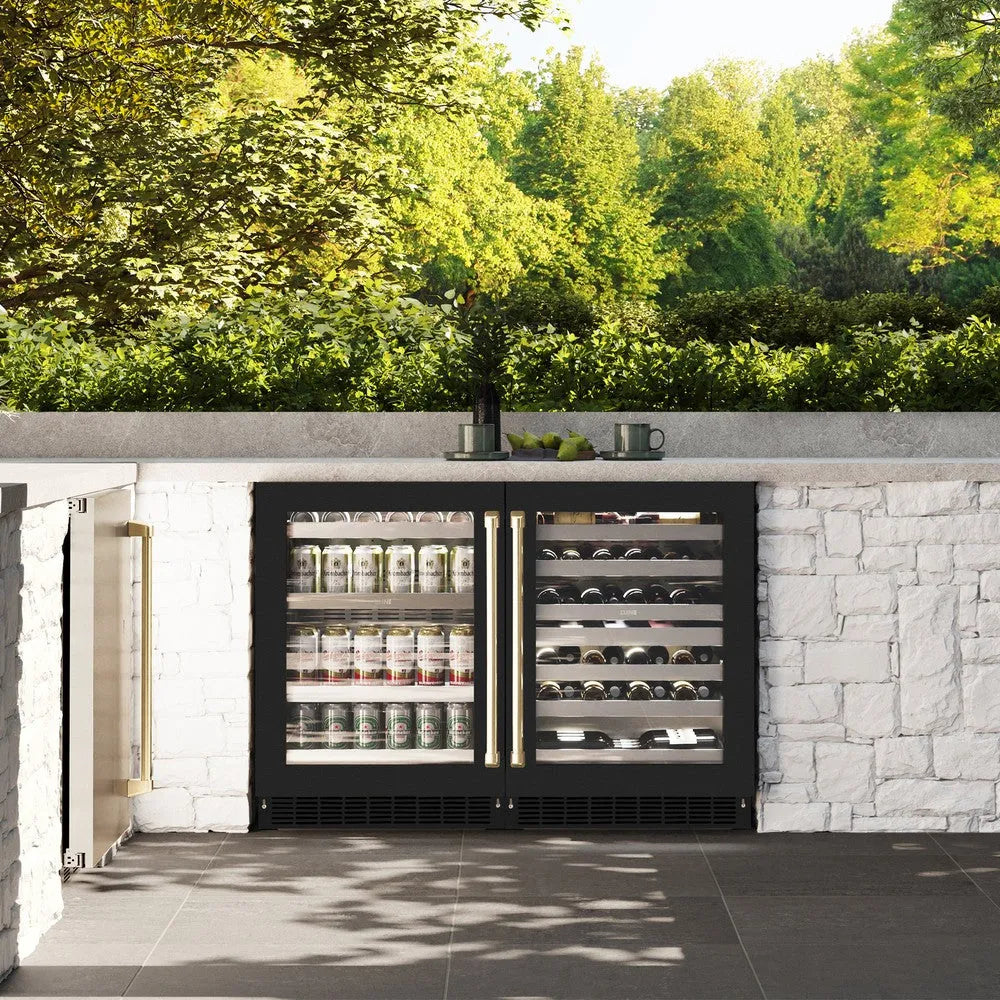 ZLINE Autograph Edition Touchstone 24-inch beverage fridge in stainless steel with black matte door and champagne bronze accents RBSOZ-BLM-24-CB, front view
