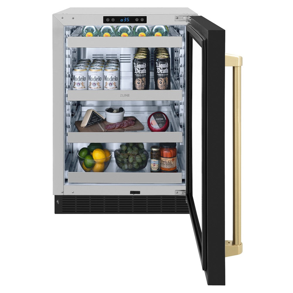 ZLINE Autograph Edition Touchstone 24-inch beverage fridge in stainless steel with black matte door and champagne bronze accents RBSOZ-BLM-24-CB, front view