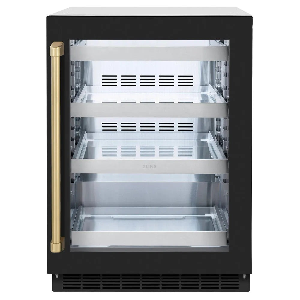 ZLINE Autograph Edition Touchstone 24-inch beverage fridge in stainless steel with black matte door and champagne bronze accents RBSOZ-BLM-24-CB