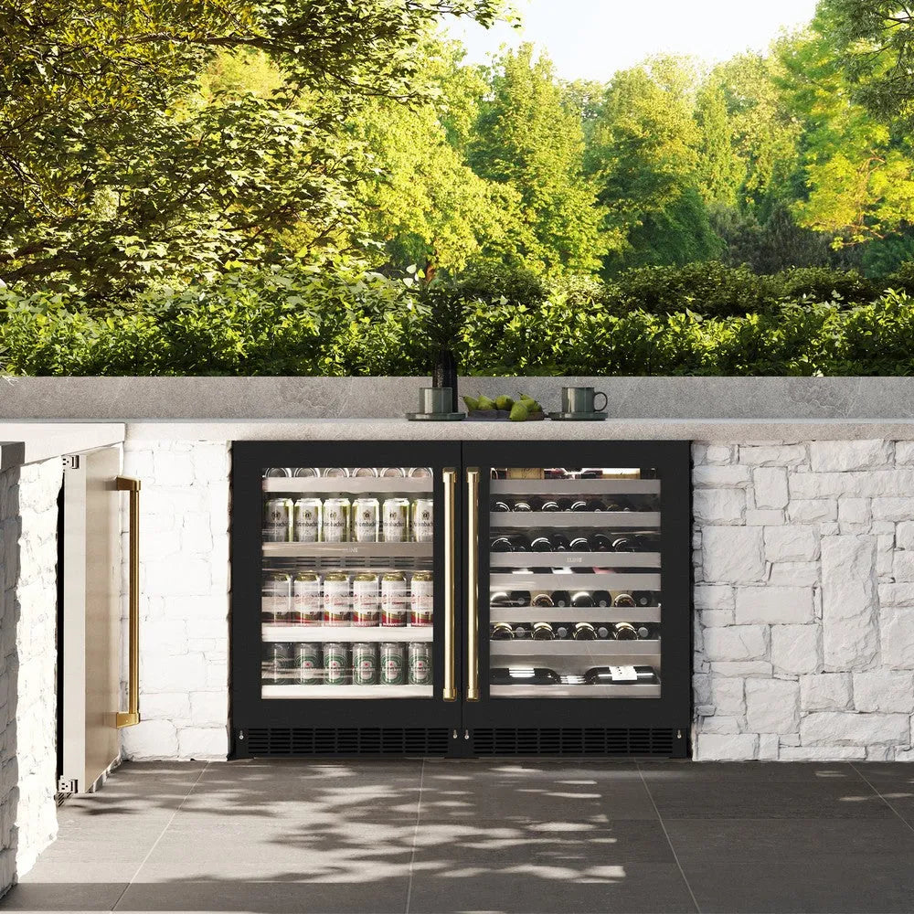 ZLINE Autograph Edition Touchstone 24-inch beverage fridge in stainless steel with black matte door and polished gold accents RBSOZ-BLM-24-G, front view