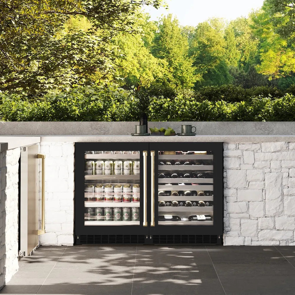ZLINE Autograph Edition Touchstone 24-inch wine cooler in stainless steel with black matte door and champagne bronze accents RWDOZ-BLM-24-CB, front view