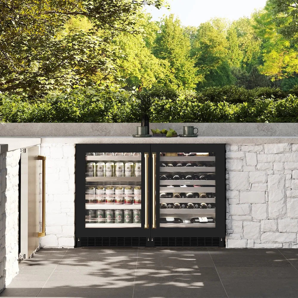 ZLINE Autograph Edition Touchstone 24-inch wine cooler in stainless steel with black matte door and polished gold accents RWDOZ-BLM-24-G, front view
