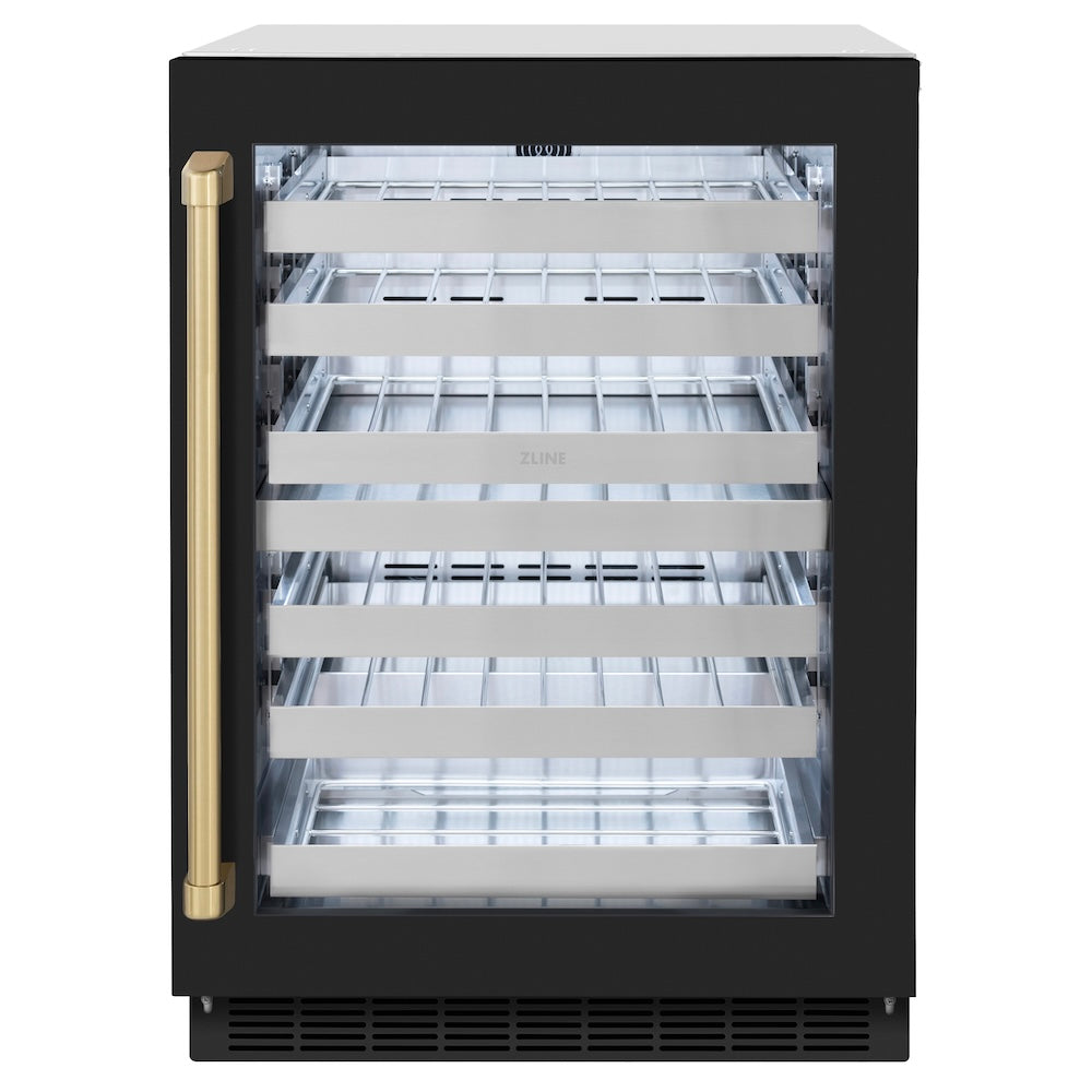 ZLINE Autograph Edition Touchstone 24-inch wine cooler in stainless steel with black matte door and champagne bronze accents RWDOZ-BLM-24-CB