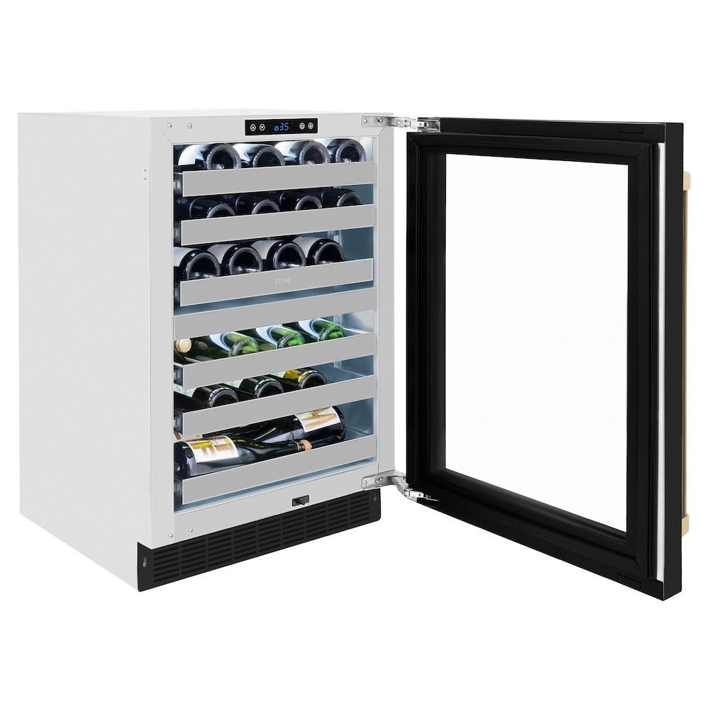 ZLINE Autograph Edition Touchstone 24-inch wine cooler in stainless steel with black matte door and champagne bronze accents RWDOZ-BLM-24-CB, door open