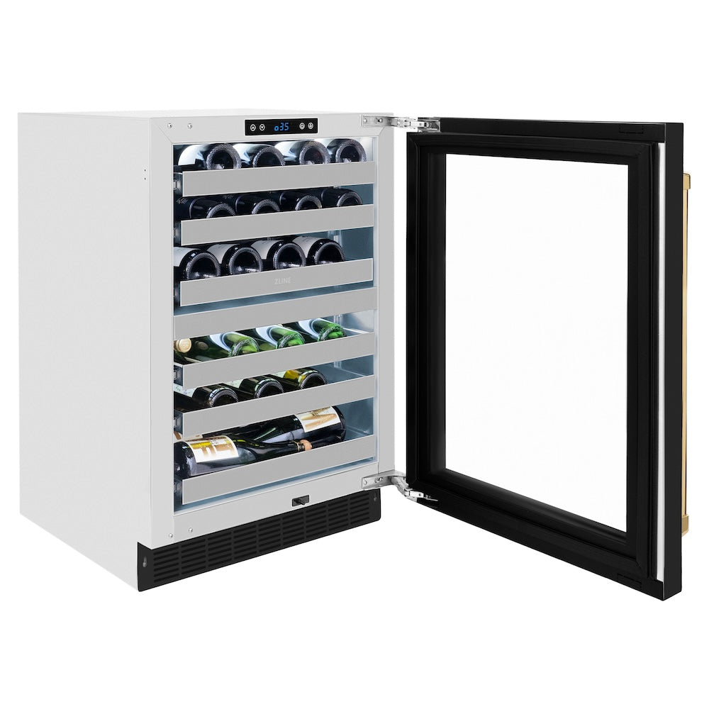 ZLINE Autograph Edition Touchstone 24-inch wine cooler in stainless steel with black matte door and polished gold accents RWDOZ-BLM-24-G, door open