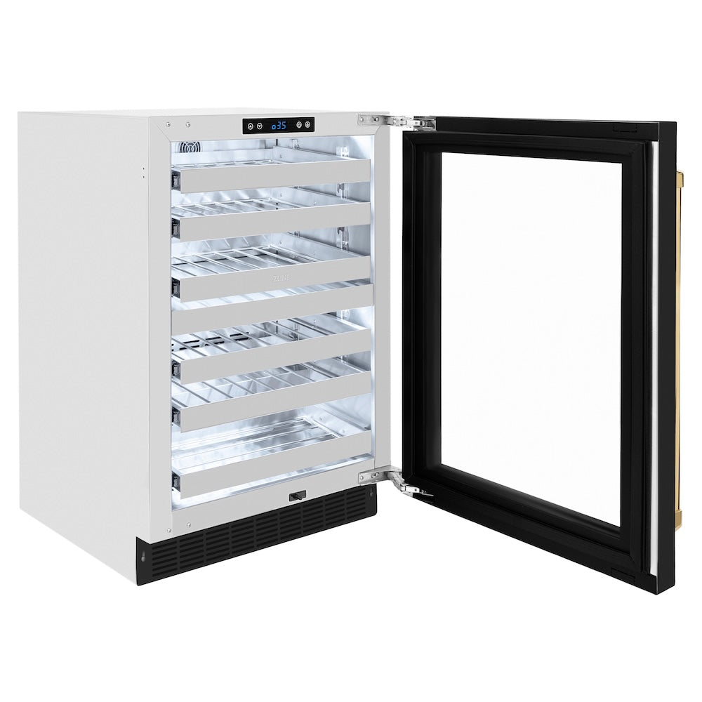 ZLINE Autograph Edition Touchstone 24-inch wine cooler in stainless steel with black matte door and polished gold accents RWDOZ-BLM-24-G, door open