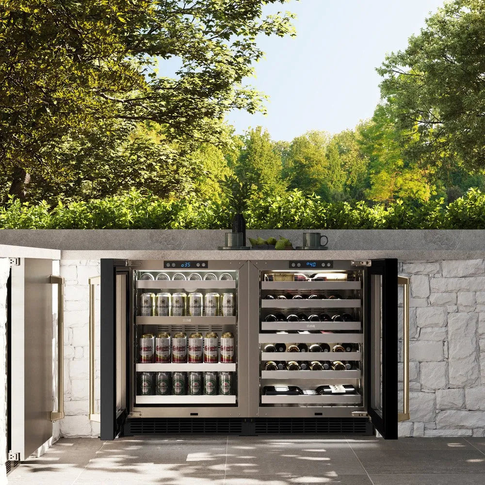ZLINE Autograph Edition Touchstone 24-inch beverage fridge in black stainless steel and champagne bronze accents RBSOZ-BS-24-CB, front view