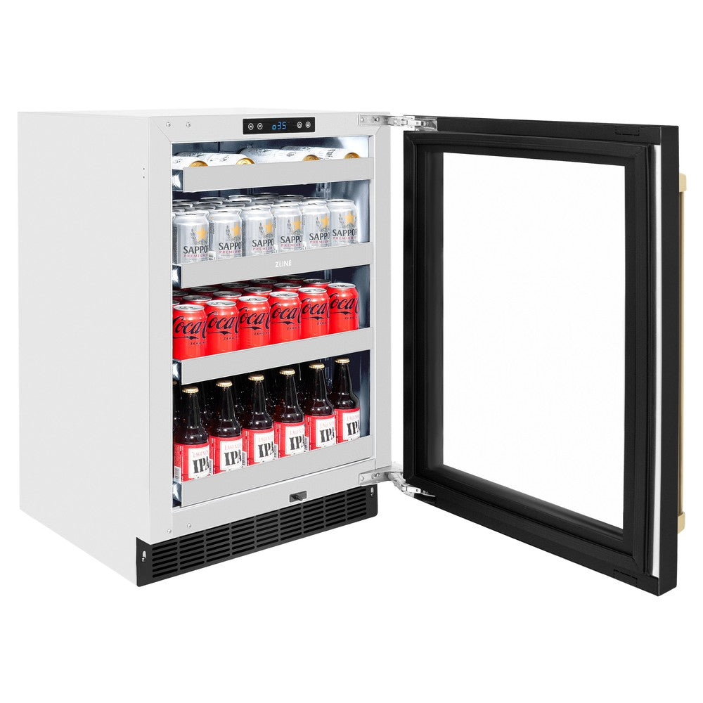 ZLINE Autograph Edition Touchstone 24-inch beverage fridge in black stainless steel and champagne bronze accents RBSOZ-BS-24-CB, door open