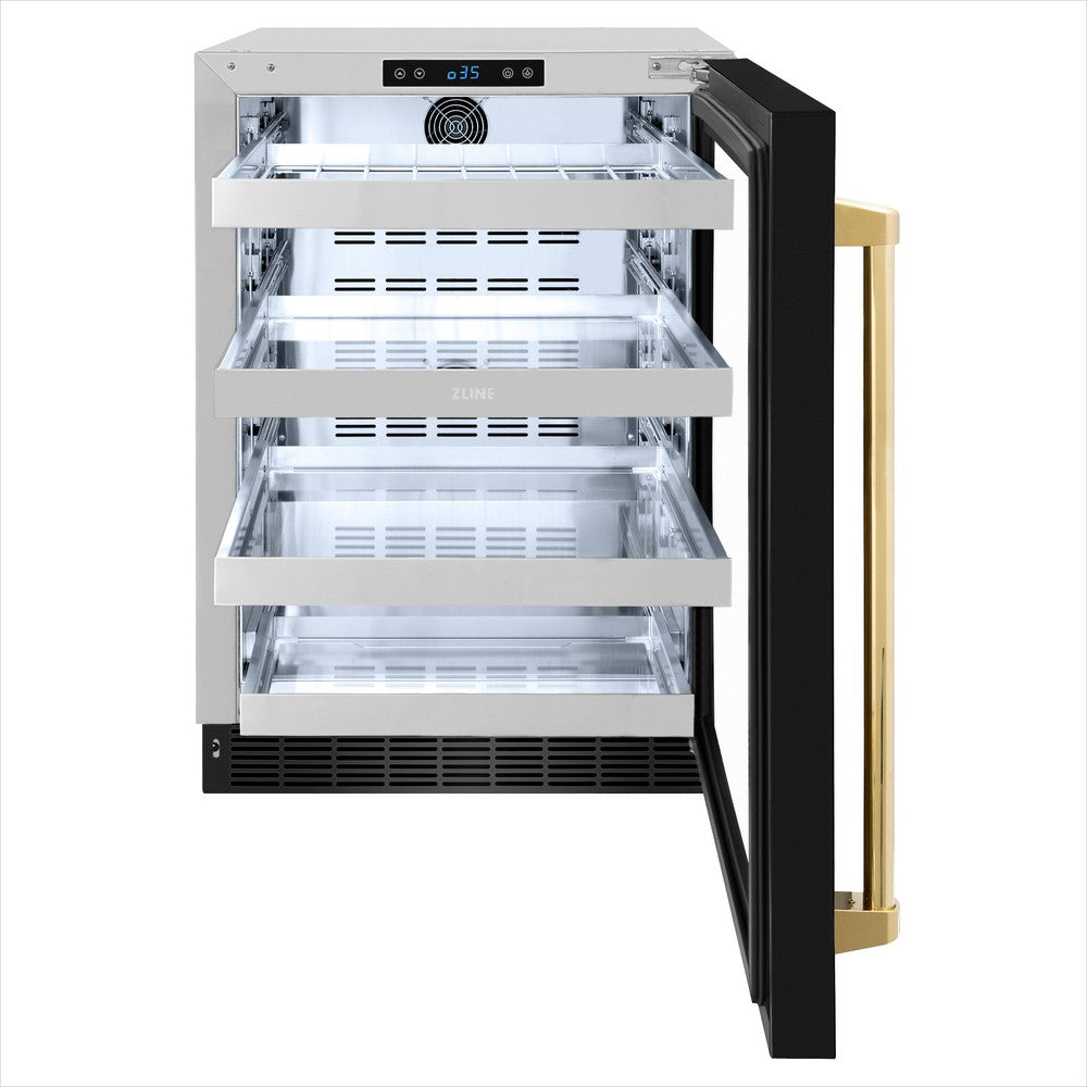 ZLINE Autograph Edition Touchstone 24-inch beverage fridge in black stainless steel and polished gold accents RBSOZ-BS-24-G, front view