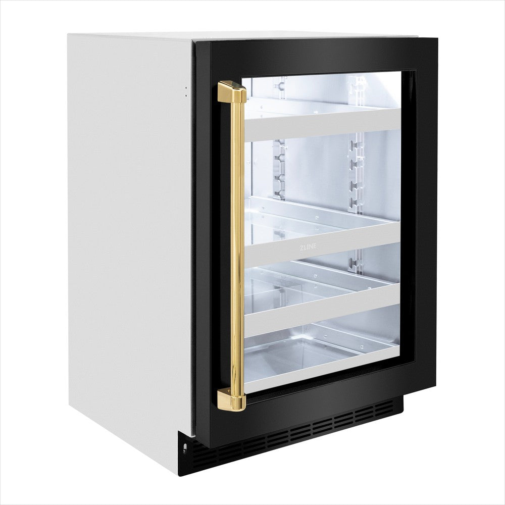 ZLINE Autograph Edition Touchstone 24-inch beverage fridge in black stainless steel and polished gold accents RBSOZ-BS-24-G, side view