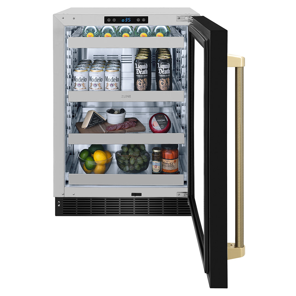 ZLINE Autograph Edition Touchstone 24-inch beverage fridge in black stainless steel and champagne bronze accents RBSOZ-BS-24-KCB, front view