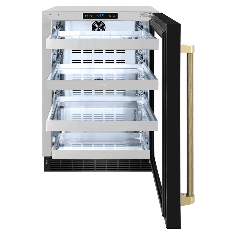 ZLINE Autograph Edition Touchstone 24-inch beverage fridge in black stainless steel and champagne bronze accents RBSOZ-BS-24-KCB, front view