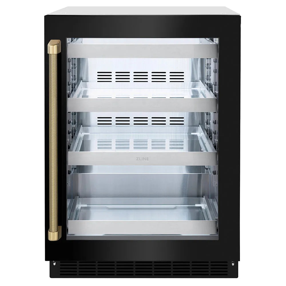 ZLINE Autograph Edition Touchstone 24-inch beverage fridge in black stainless steel and champagne bronze accents RBSOZ-BS-24-KCB