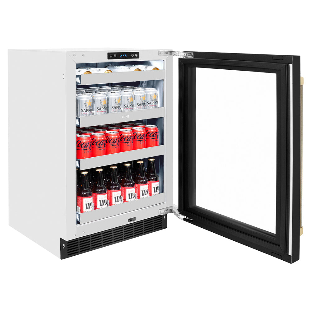 ZLINE Autograph Edition Touchstone 24-inch beverage fridge in black stainless steel and champagne bronze accents RBSOZ-BS-24-KCB, door open