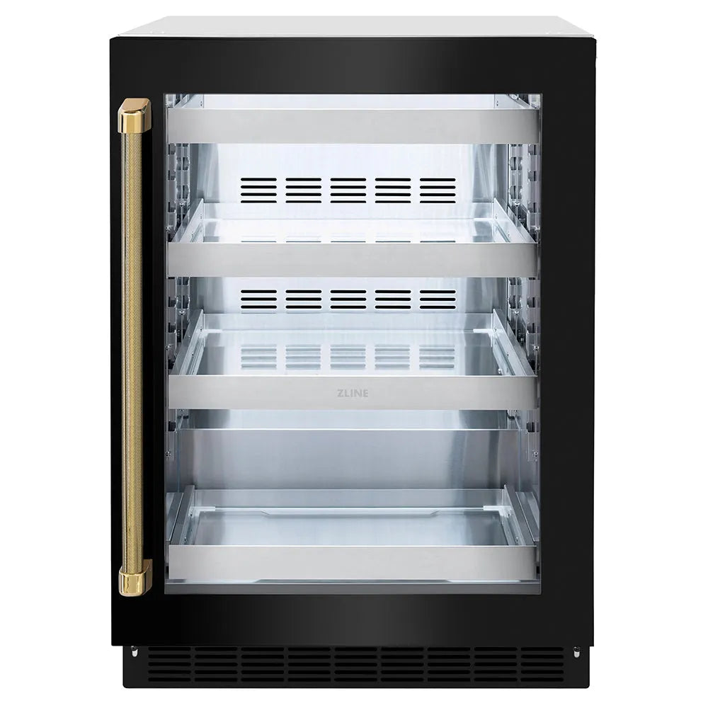 ZLINE Autograph Edition Touchstone 24-inch beverage fridge in black stainless steel and polished gold accents RBSOZ-BS-24-KG