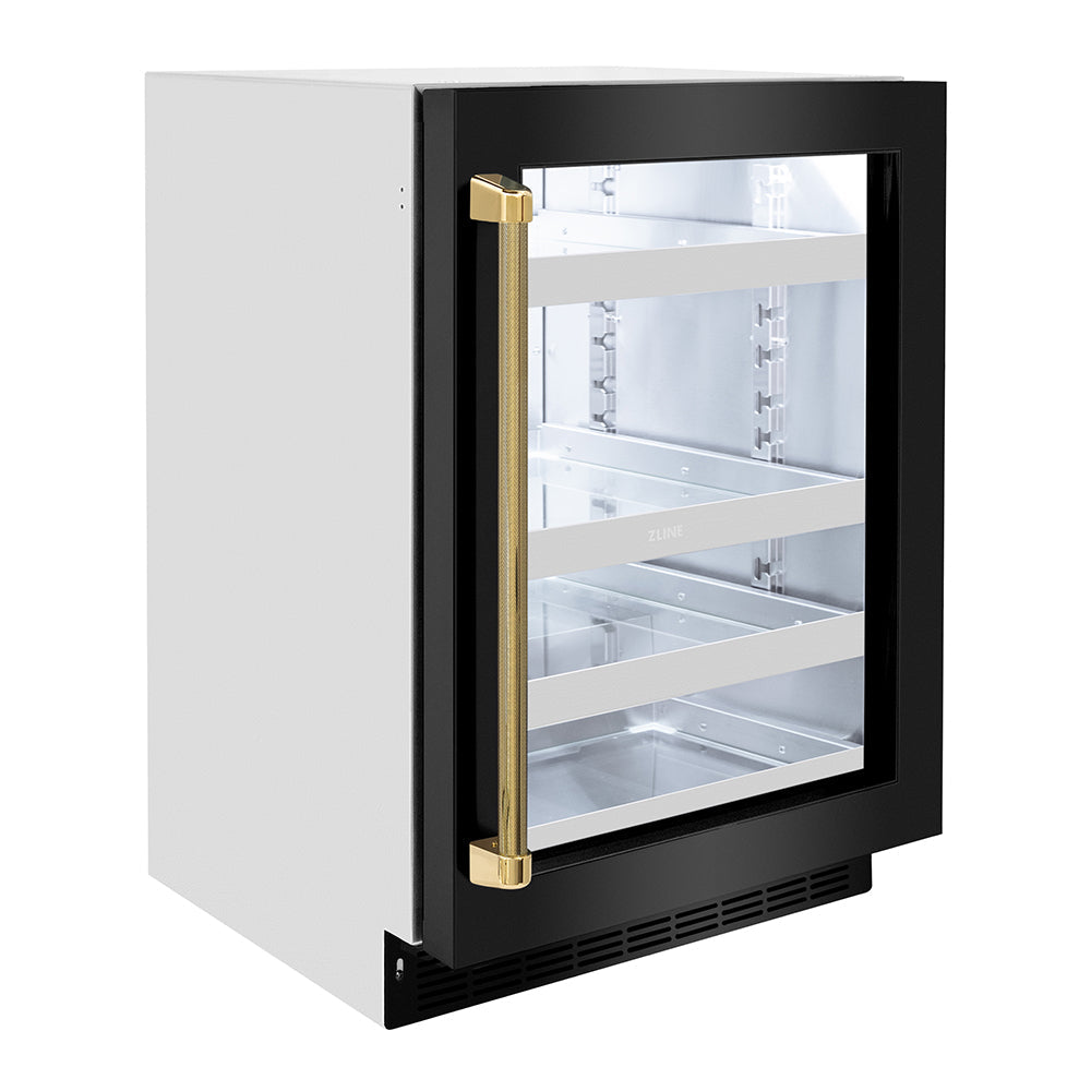 ZLINE Autograph Edition Touchstone 24-inch beverage fridge in black stainless steel and polished gold accents RBSOZ-BS-24-KG, view 3