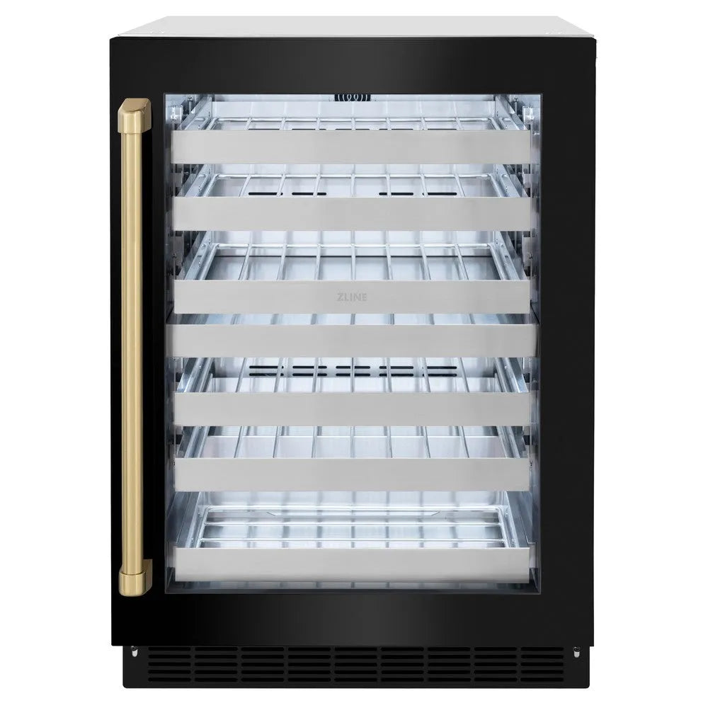 ZLINE Autograph Edition Touchstone 24-inch wine cooler in stainless steel with black stainless steel door and champagne bronze accents RWDOZ-BS-24-CB