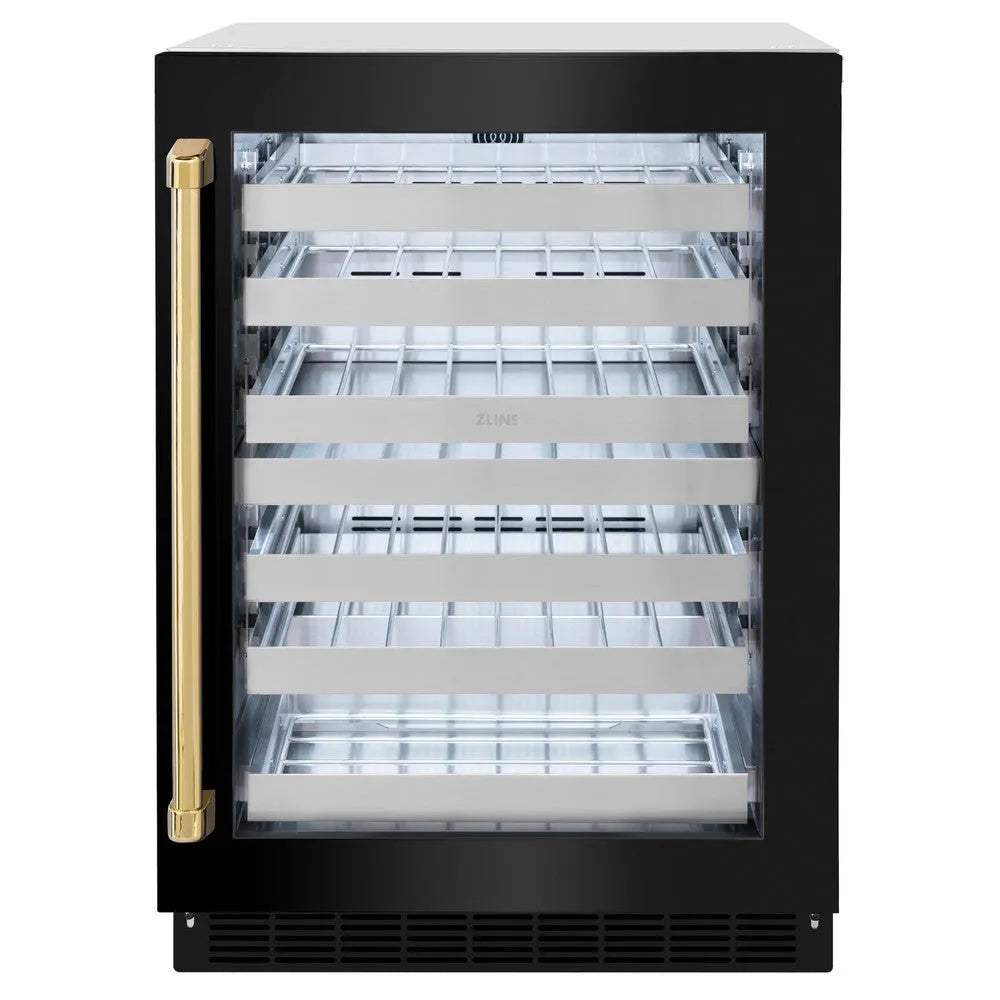ZLINE Autograph Edition Touchstone 24-inch wine cooler in stainless steel with black stainless steel door and polished gold accents RWDOZ-BS-24-G