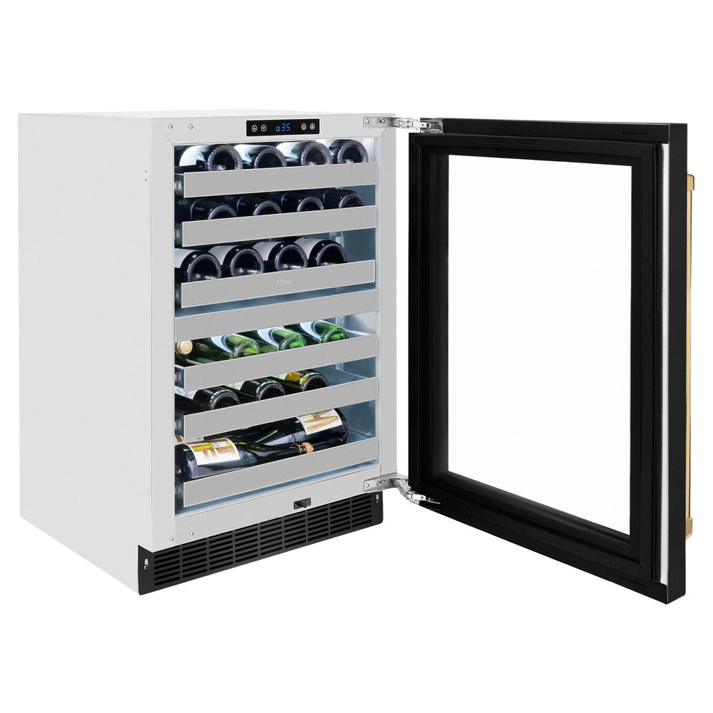ZLINE Autograph Edition Touchstone 24-inch wine cooler in stainless steel with black stainless steel door and polished gold accents RWDOZ-BS-24-G, door open
