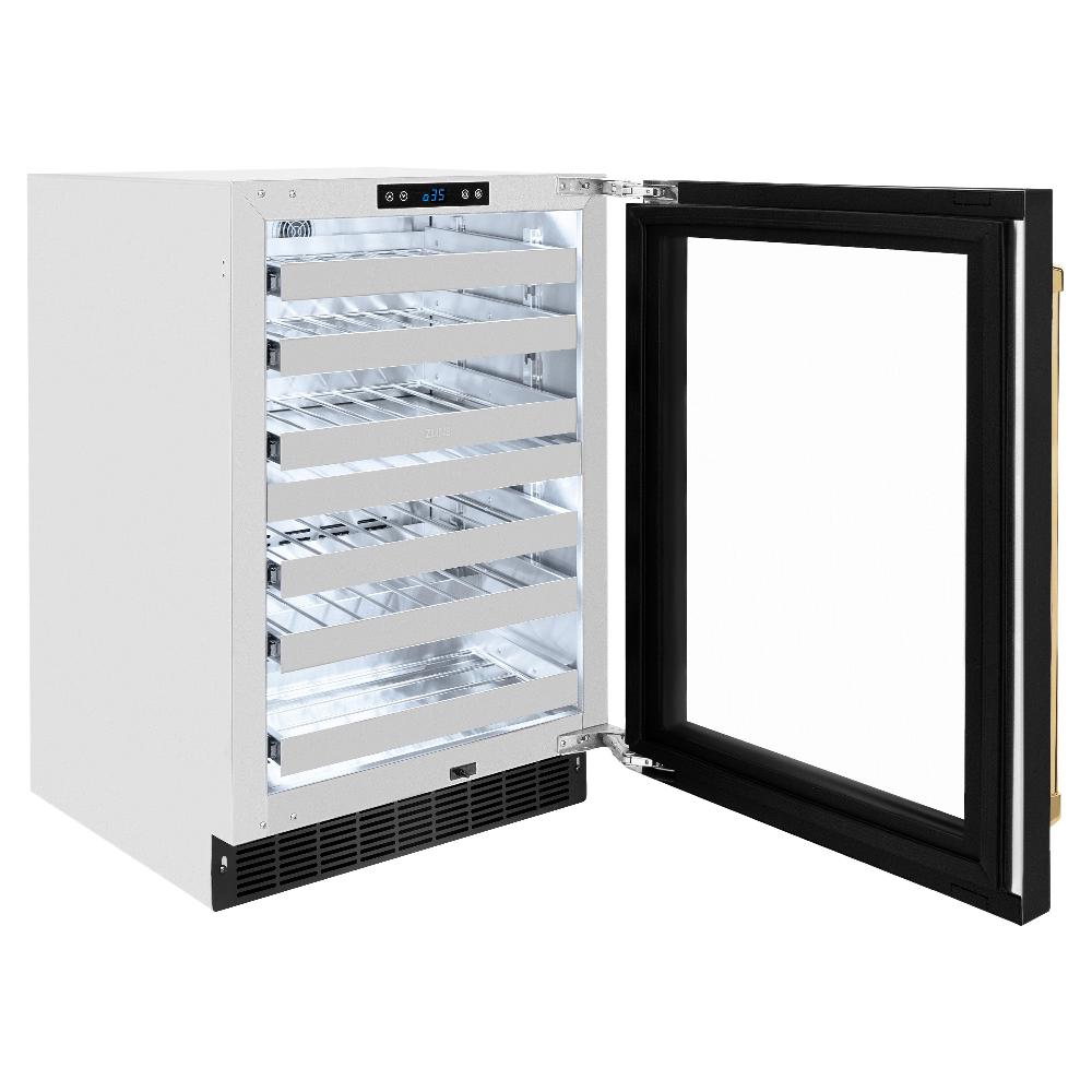 ZLINE Autograph Edition Touchstone 24-inch wine cooler in stainless steel with black stainless steel door and polished gold accents RWDOZ-BS-24-G, door open