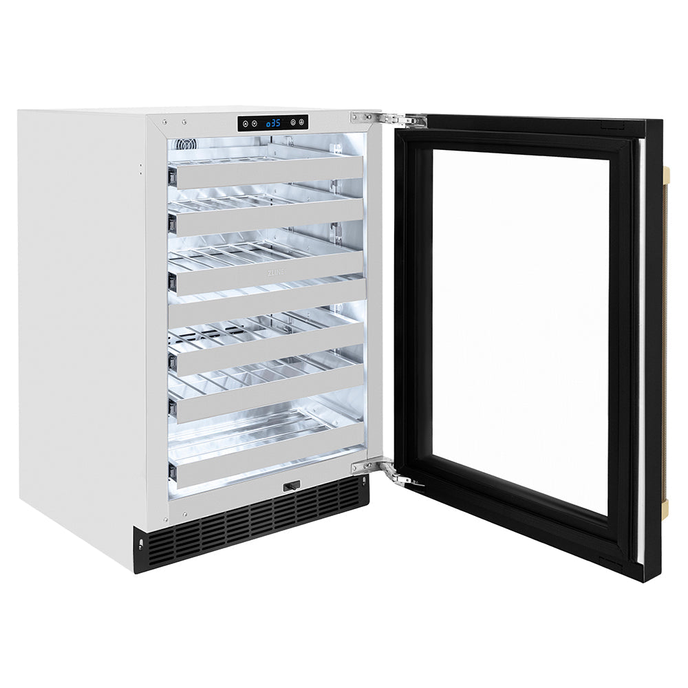 ZLINE Autograph Edition Touchstone 24-inch wine cooler in black stainless steel and champagne bronze accents RWDOZ-BS-24-KCB, door open