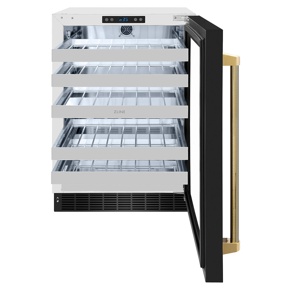 ZLINE Autograph Edition Touchstone 24-inch wine cooler in black stainless steel and polished gold accents RWDOZ-BS-24-KG, front view