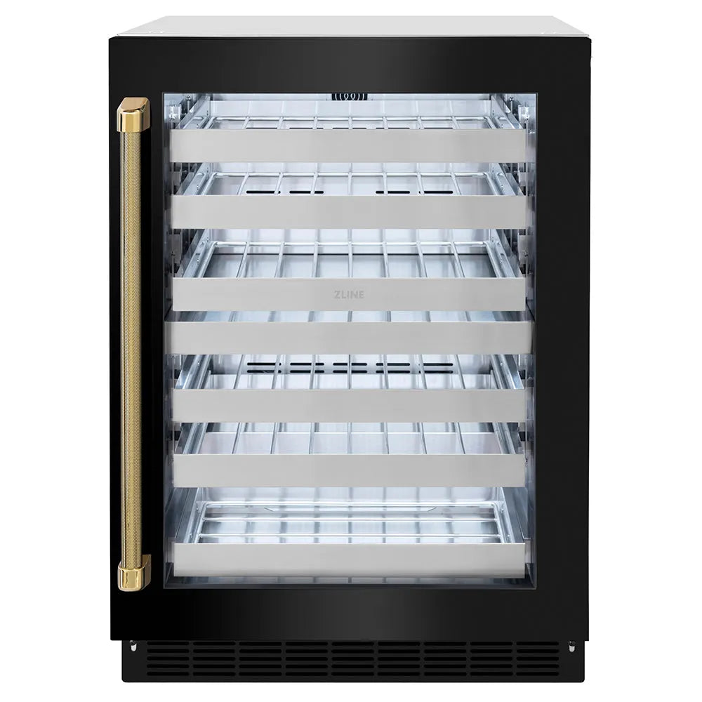 ZLINE Autograph Edition Touchstone 24-inch wine cooler in black stainless steel and polished gold accents RWDOZ-BS-24-KG