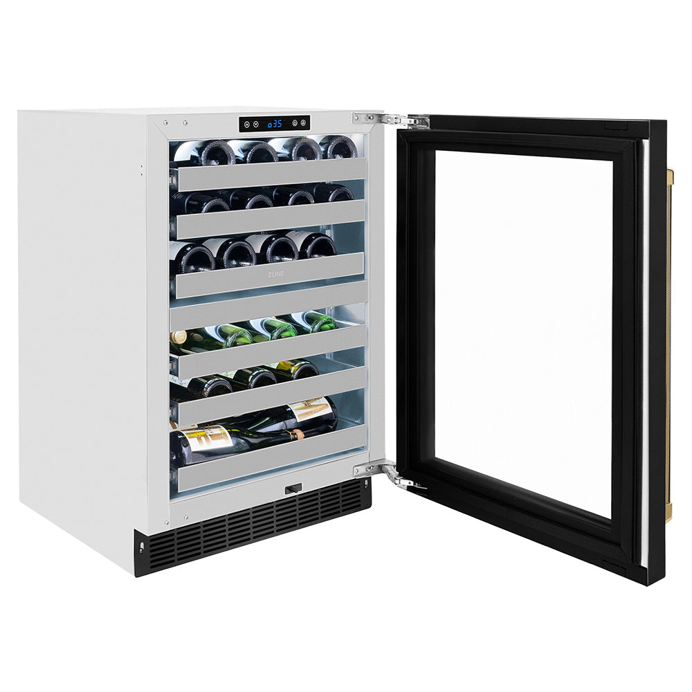 ZLINE Autograph Edition Touchstone 24-inch wine cooler in black stainless steel and polished gold accents RWDOZ-BS-24-KG, door open