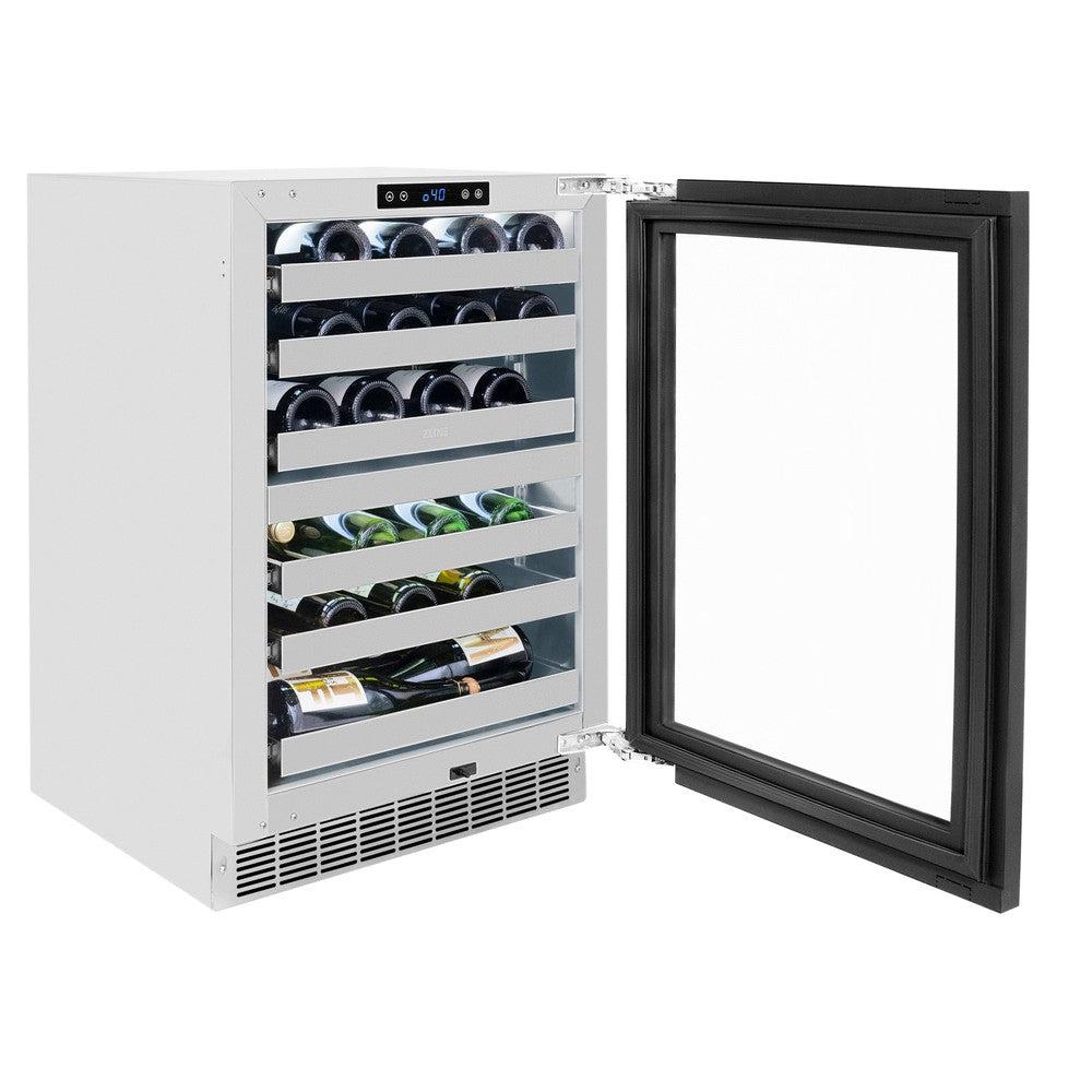 ZLINE Autograph Edition Touchstone 24-inch wine cooler, panel ready and champagne bronze accents RWDPOZ-24-CB, door open