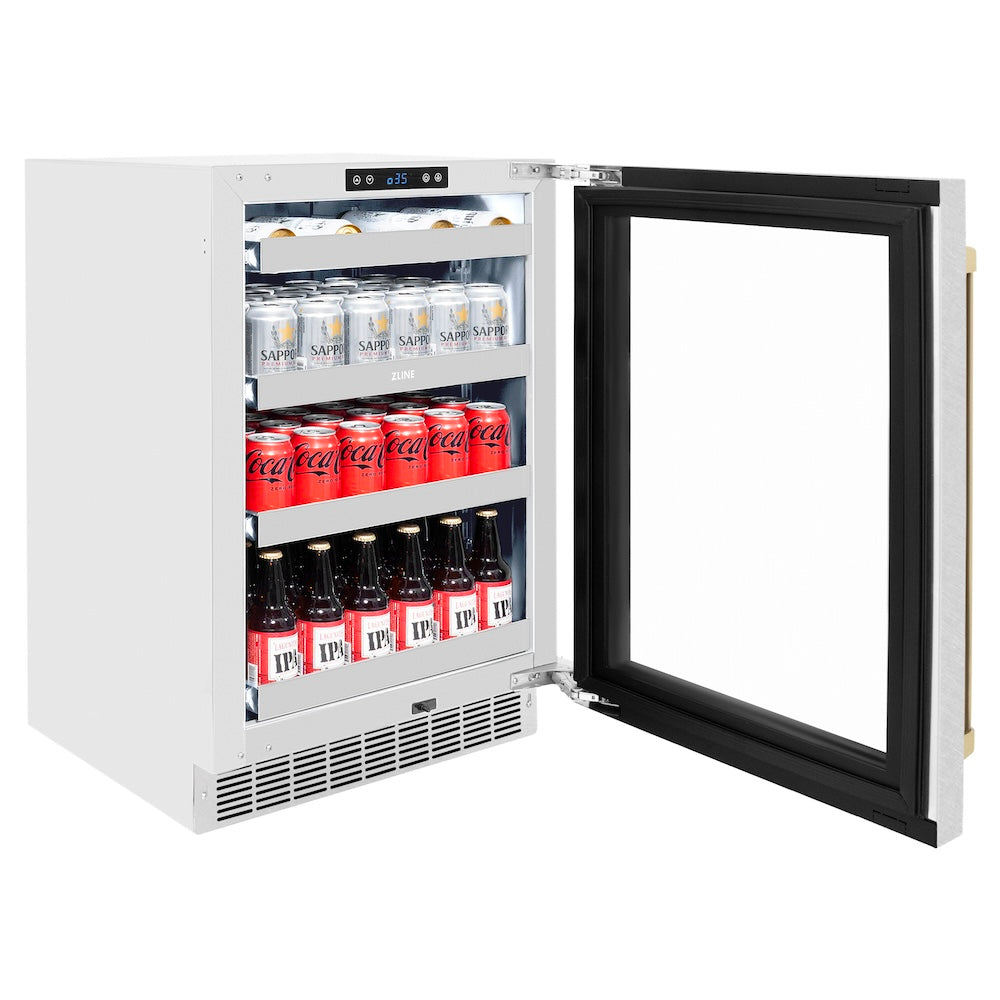 ZLINE Autograph Edition Touchstone 24-inch beverage fridge in satin stainless steel and champagne bronze accents RBSOZ-SN-24-CB, door open